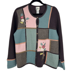 Vintage Koret Womens M Patchwork Wool Cardigan Sweater Cottage Fairy Embroidered